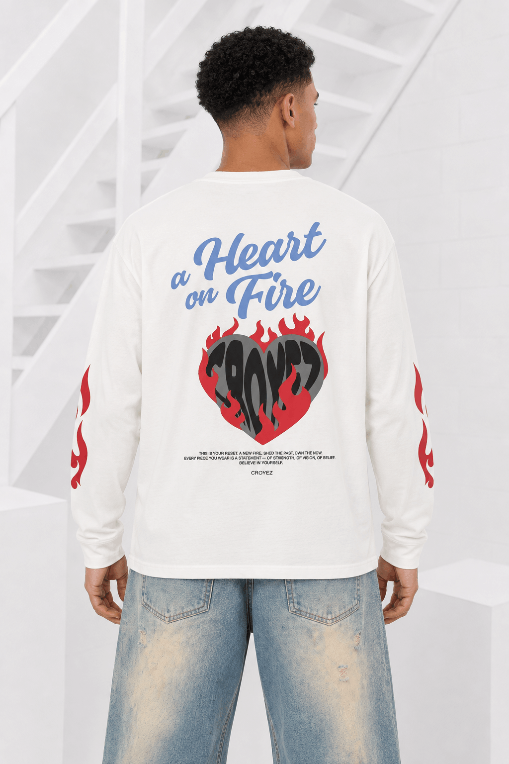 Croyez Heart On Fire Longsleeve T-Shirt Heren Gebroken Wit - Maat XL - Kleur: Gebroken Wit | Soccerfanshop