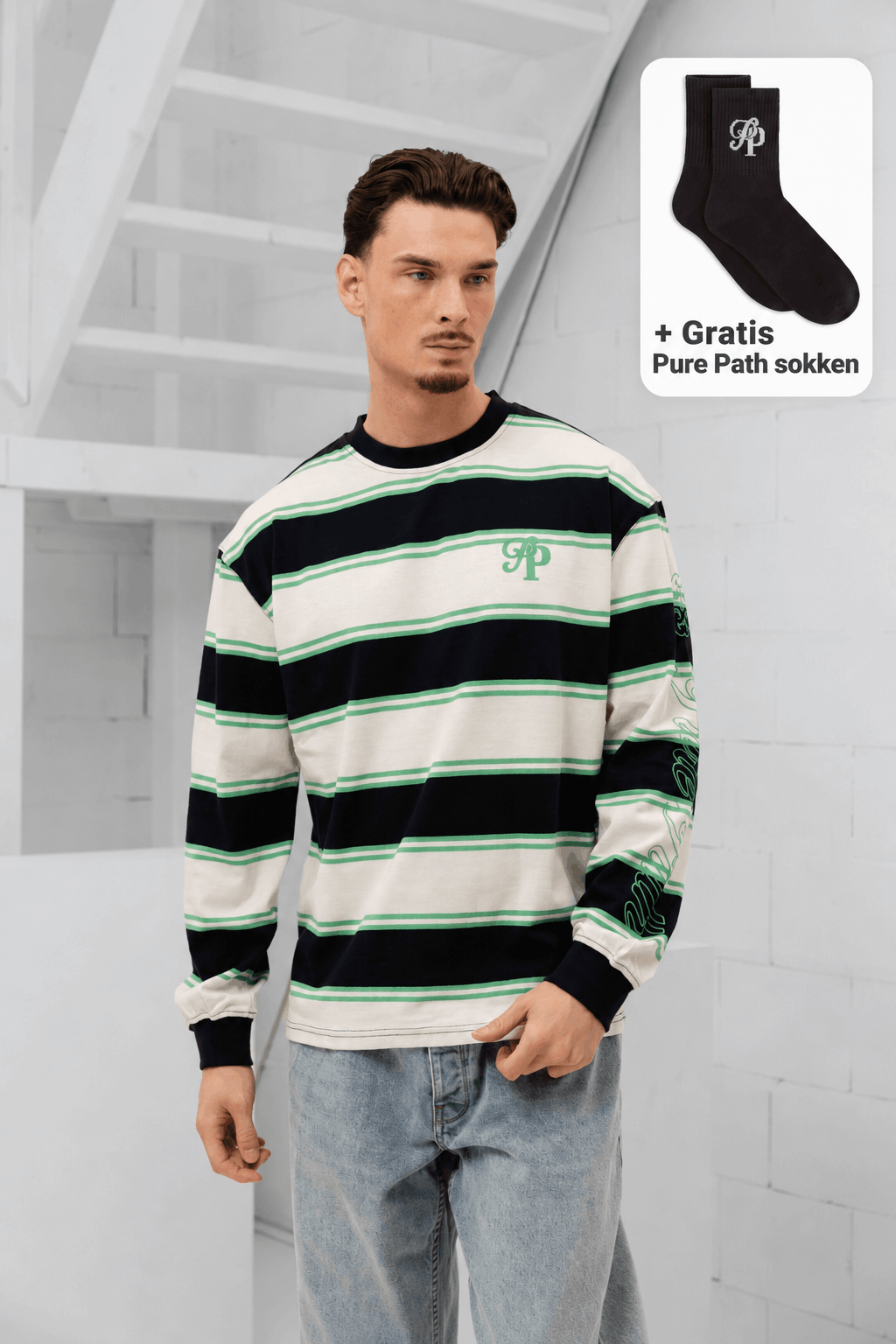 Pure Path Striped Essence Of Life Longsleeve T-Shirt Heren Donkerblauw/Groen/Wit +GRATIS SOKKEN - Maat L - Kleur: DonkerblauwWitGroen | Soccerfanshop