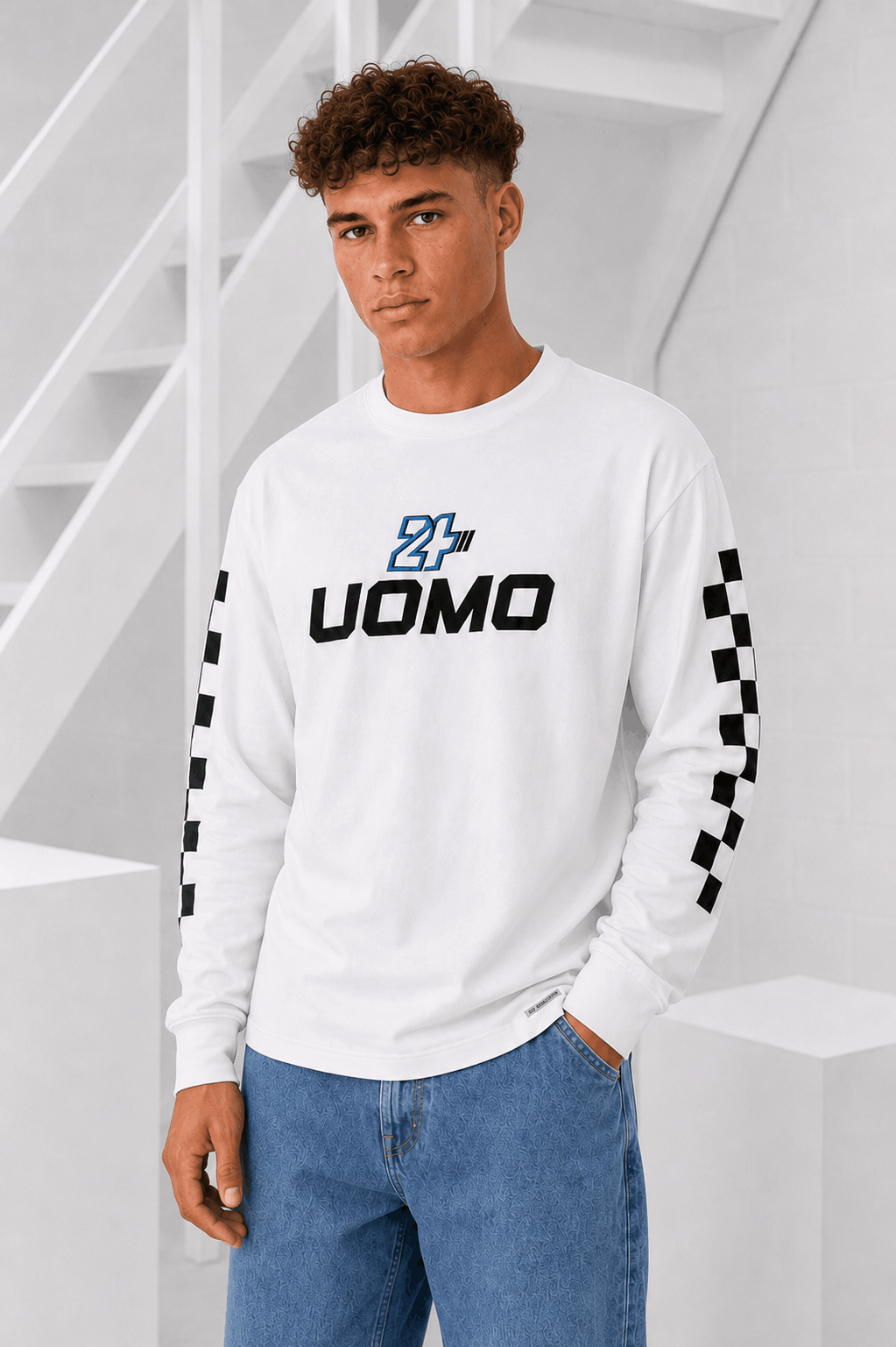 24 Uomo Checker Longsleeve Heren Off-White - Maat XXXL - Kleur: Gebroken Wit | Soccerfanshop