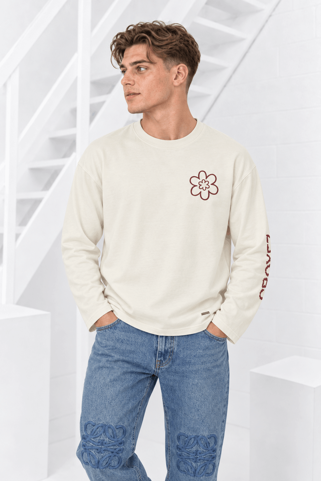 Croyez Contour De La Fleur Longsleeve T-Shirt Heren Wit/Rood - Maat L - Kleur: DonkerroodWit | Soccerfanshop