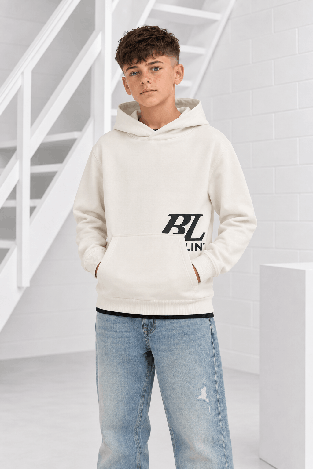 Ballin Amsterdam Ballin Amsterdam Semi-Hidden Monogram Kids Hoodie Off-white - Maat 152 - Kleur: gebroken-wit | Soccerfanshop
