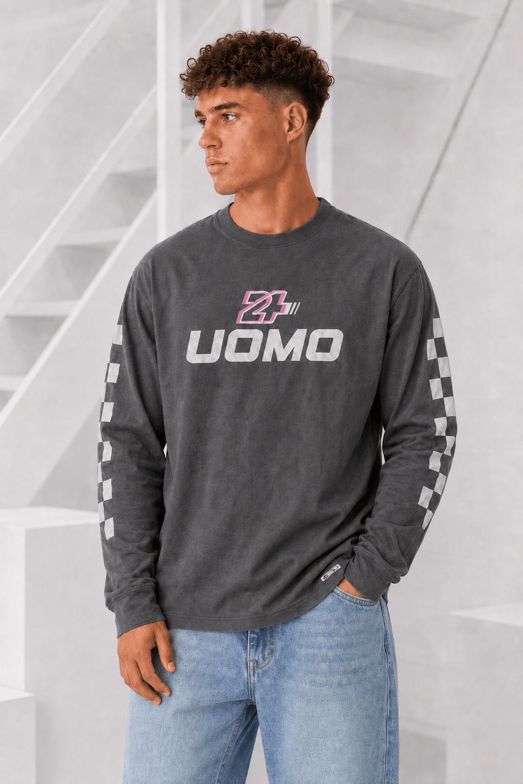 24 Uomo Checker Longsleeve Heren Acid Grey - Maat XL - Kleur: Grijs | Soccerfanshop