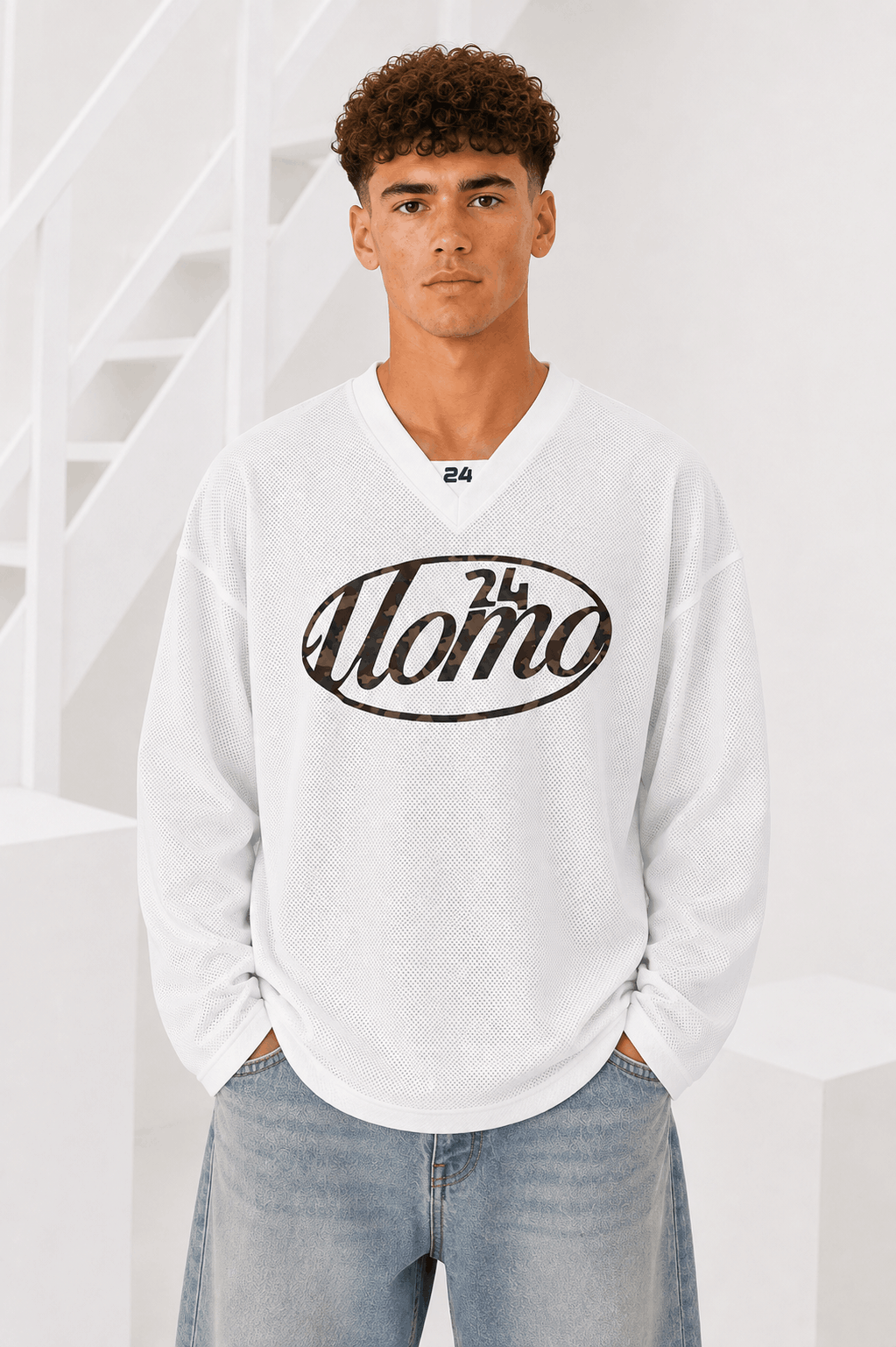 24 Uomo Mesh Longsleeve Heren Off-White/Army - Maat XL - Kleur: Gebroken Wit | Soccerfanshop