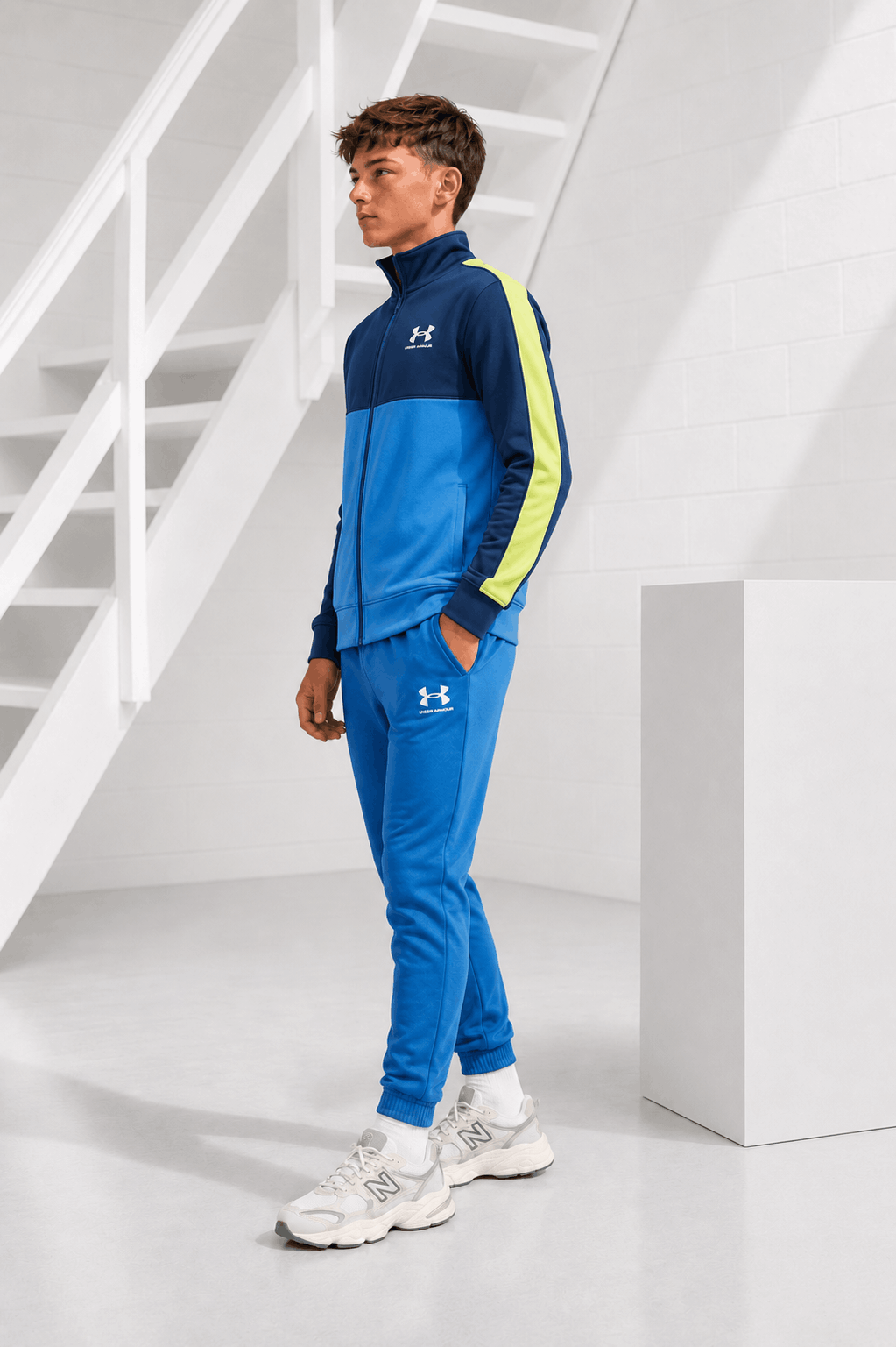 Under Armour Rival CB Knit Trainingspak Kids Donkerblauw/Blauw - Maat 128 - Kleur: DonkerblauwNeongroenBlauw | Soccerfanshop