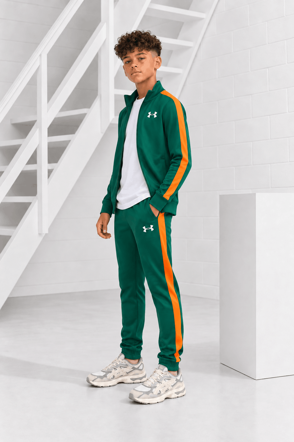 Under Armour Rival Knit Trainingspak Full-Zip Kids Donkergroen/oranje - Maat 152 - Kleur: DonkergroenOranje | Soccerfanshop