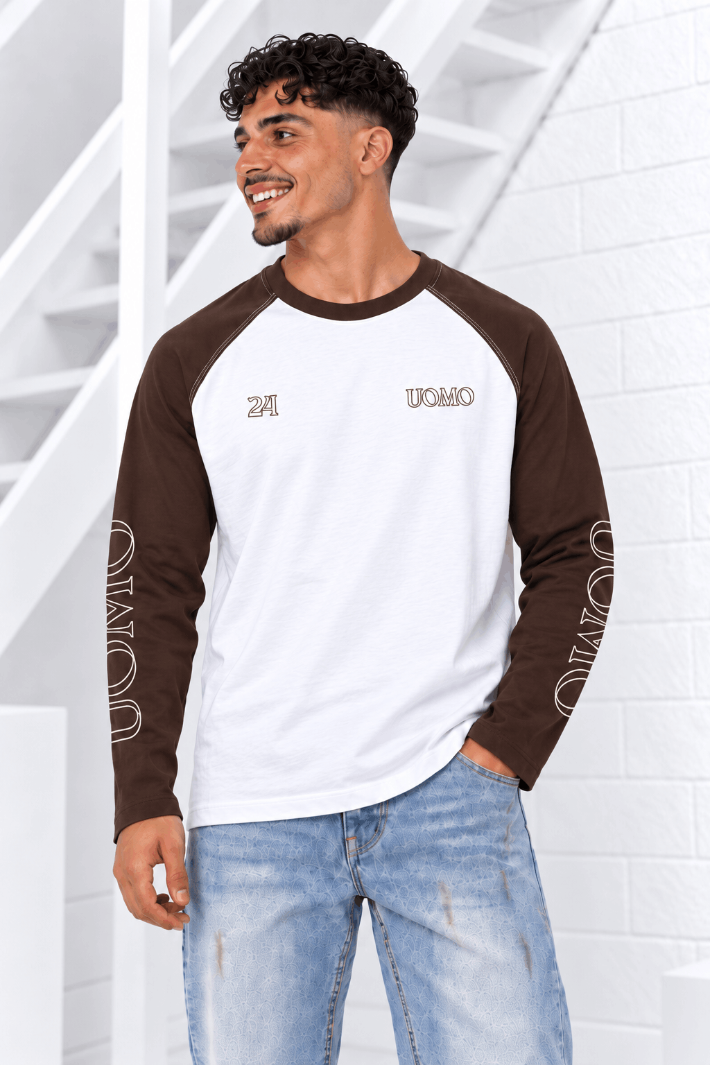 24 Uomo Colorblock Raglan Longsleeve Heren Wit/Bruin Pre-Order 13 Oktober - Maat XS - Kleur: WitBruin | Soccerfanshop