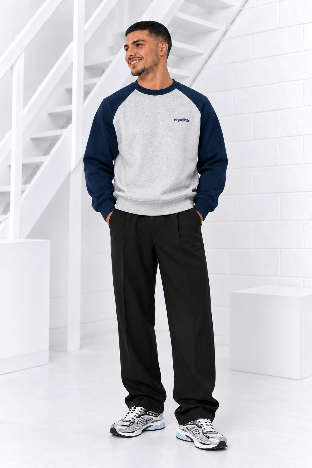 Equalité Essential Raglan Oversized Sweater Heren Grijs/Donkerblauw - Maat XS - Kleur: DonkerblauwGrijs | Soccerfanshop